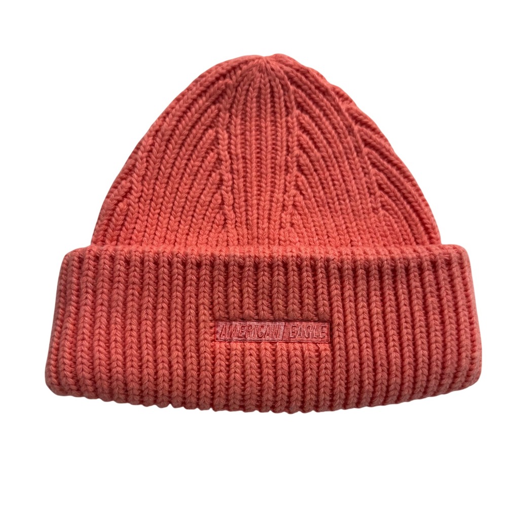 American Eagle Outfitters Coral Pink Ribbed Knit Wool Blend Beanie Hat OS